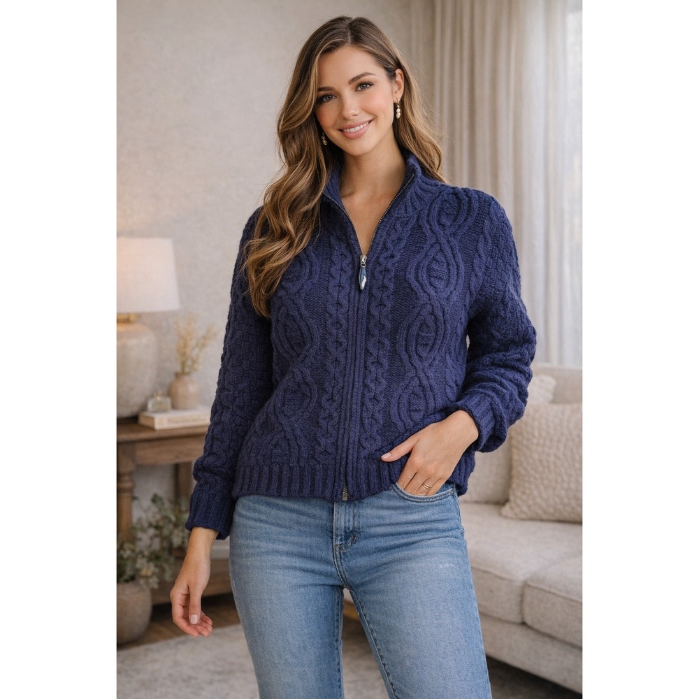 Aran Crafts Merino Wool Sweater L Irish Cable Knit Cardigan Blue Made in Ireland